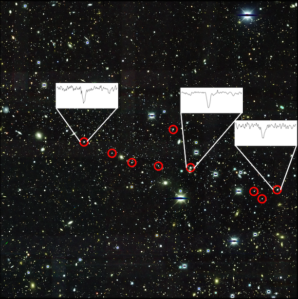 The nine brightest stars in the r-process galaxy Reticulum II are circled. Three of these stars are highlighted, showing their large barium content.